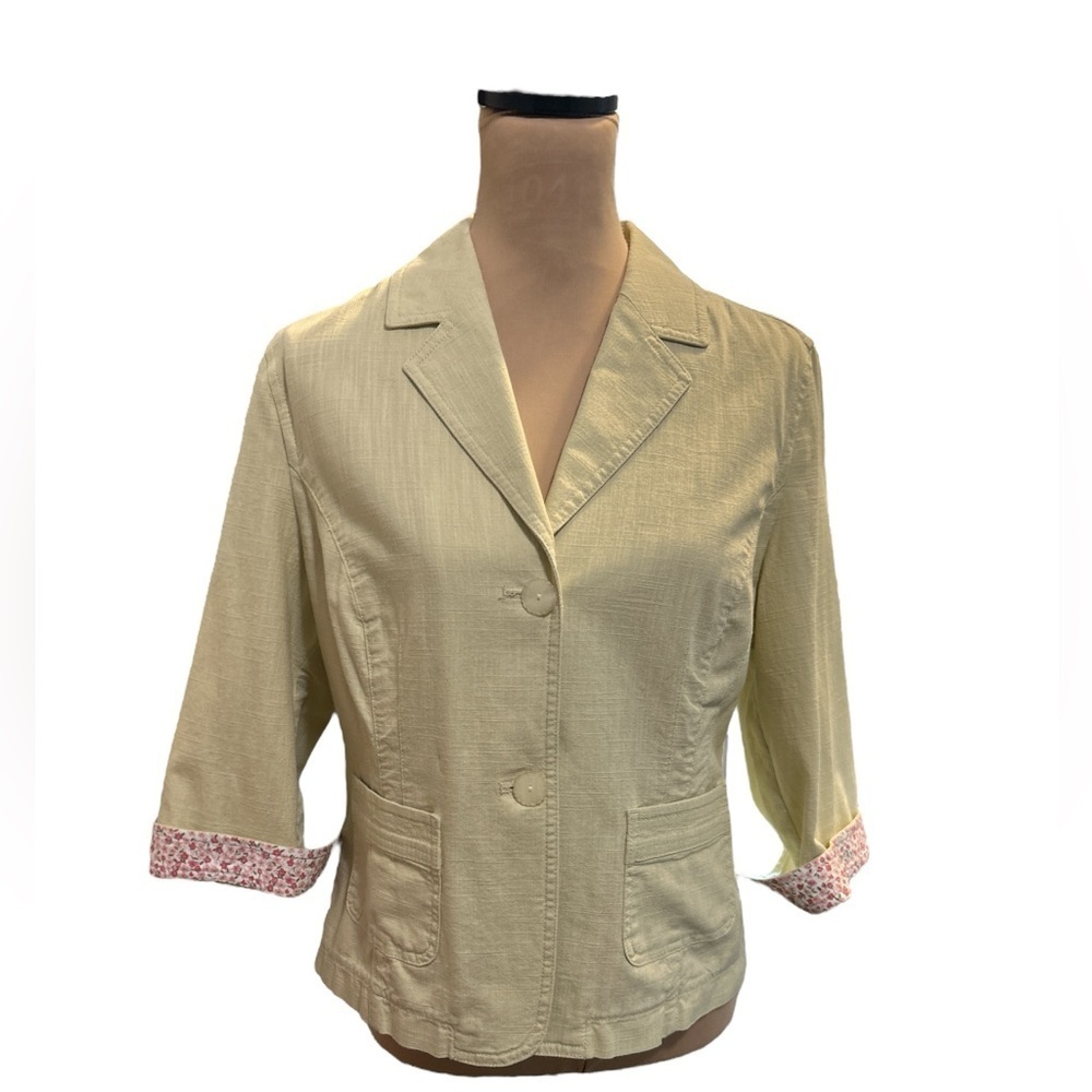 J. JILL Light Green Light Cotton Textured Unlined Jacket, Floral Flip Cuffs Sz 8